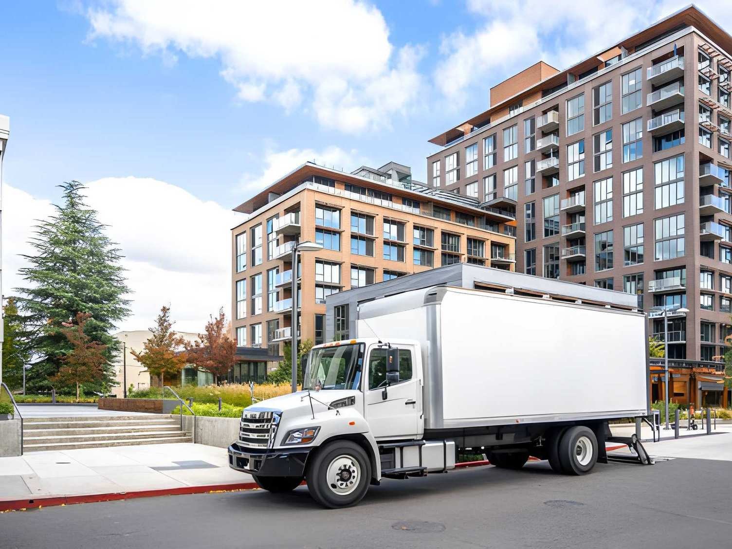 A white moving truck is parked in front
