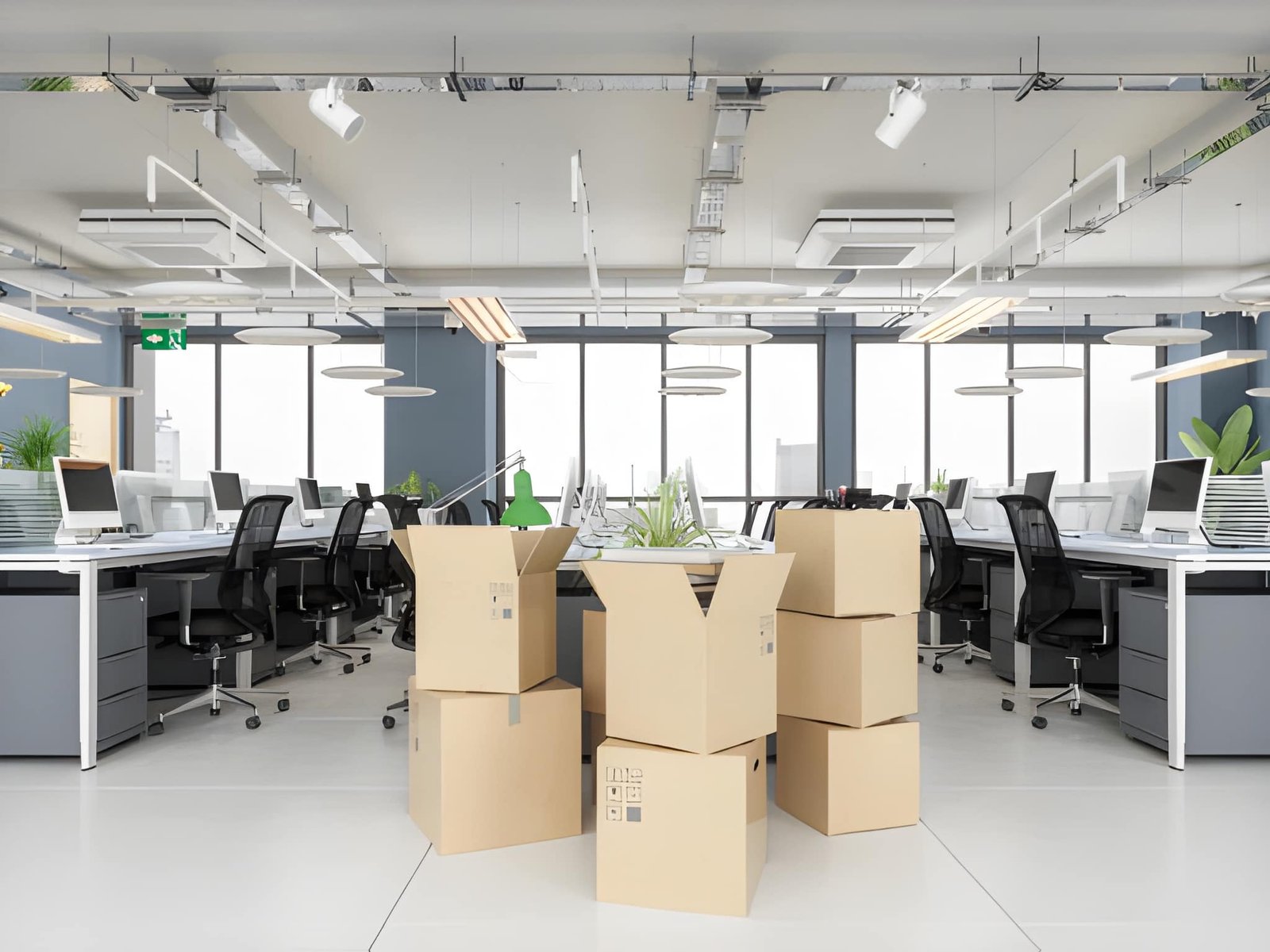 Office furniture and equipment being loaded for a corporate relocation