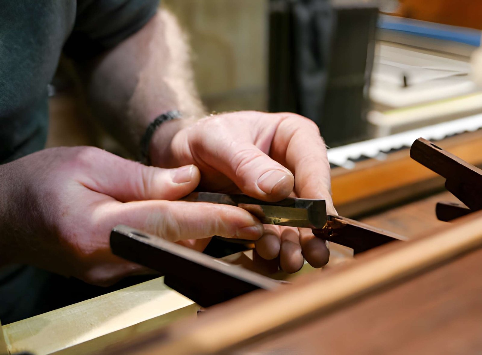 Upright piano being carefully moved by a crew