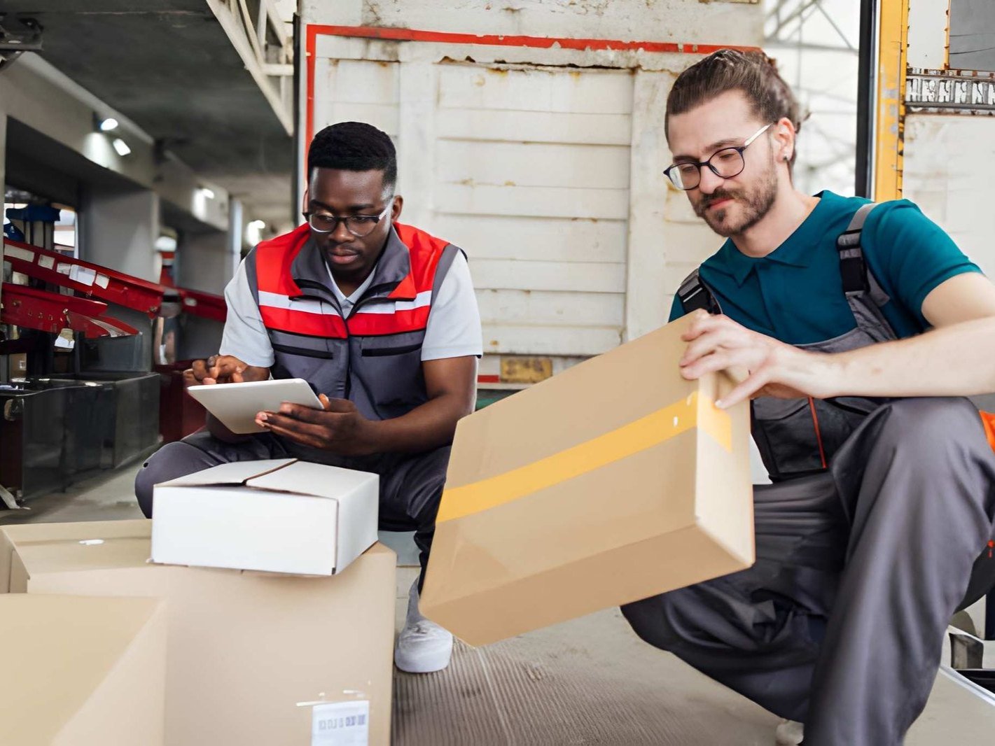 The image shows two men in a warehouse setting, one