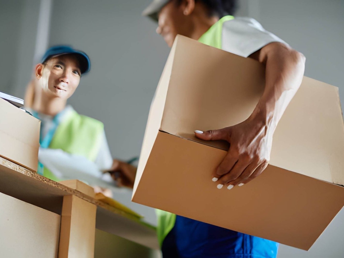Two men are moving boxes in a warehouse